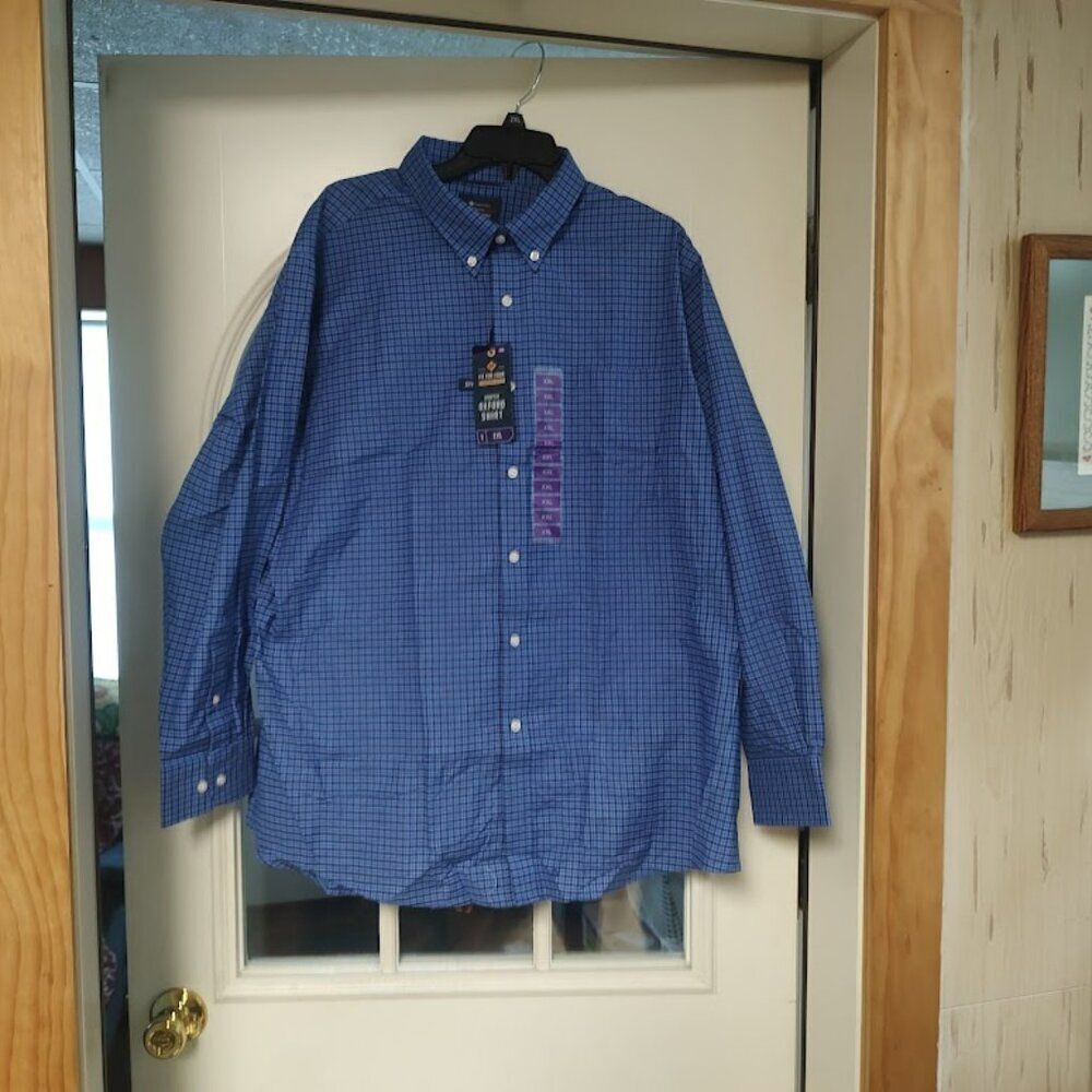 New Member's Mark Blue Checked Stretch Long Sleeve Oxford Shirt Size Men's XXL